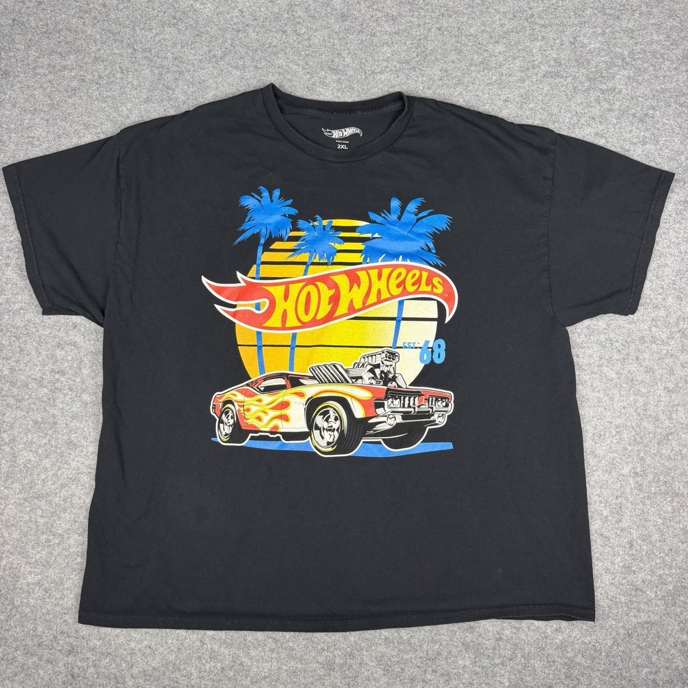 Hot Wheels T Shirt Mens 2XL Black Graphic Tee Muscle Car Flames Est 68 Mattel